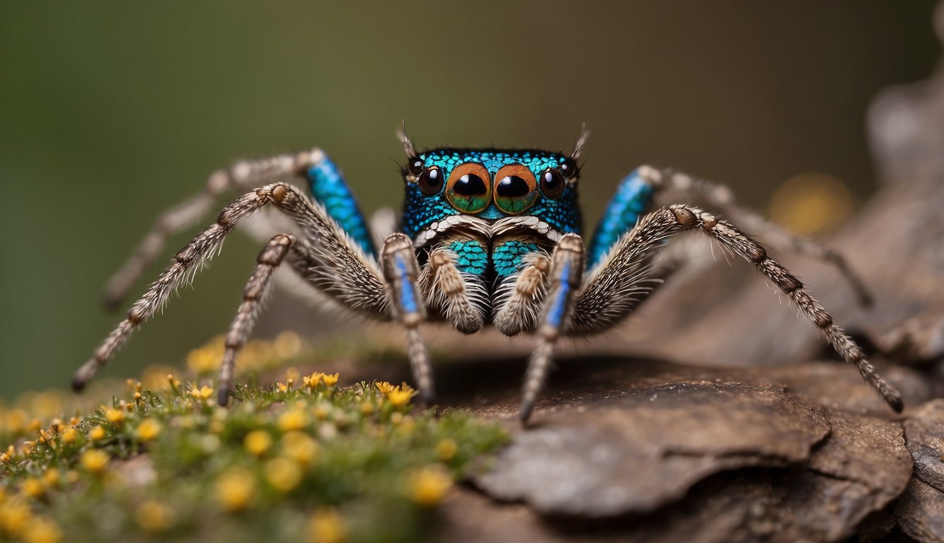 A male peacock spider performs a colorful dance to attract a female, displaying vibrant patterns on its body