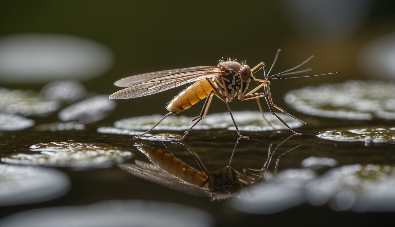 A mosquito lays eggs on the surface of stagnant water.

The eggs hatch into larvae, which then develop into pupae before emerging as adult mosquitoes