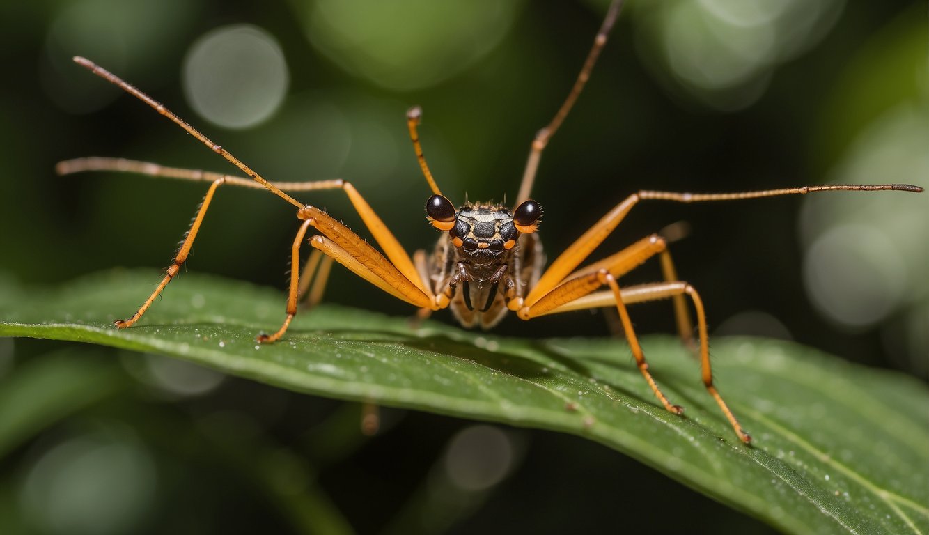 An assassin bug perches on a leaf, its long, curved proboscis poised to strike at its prey.

The bug's body is a vibrant combination of greens and browns, camouflaging it against the foliage