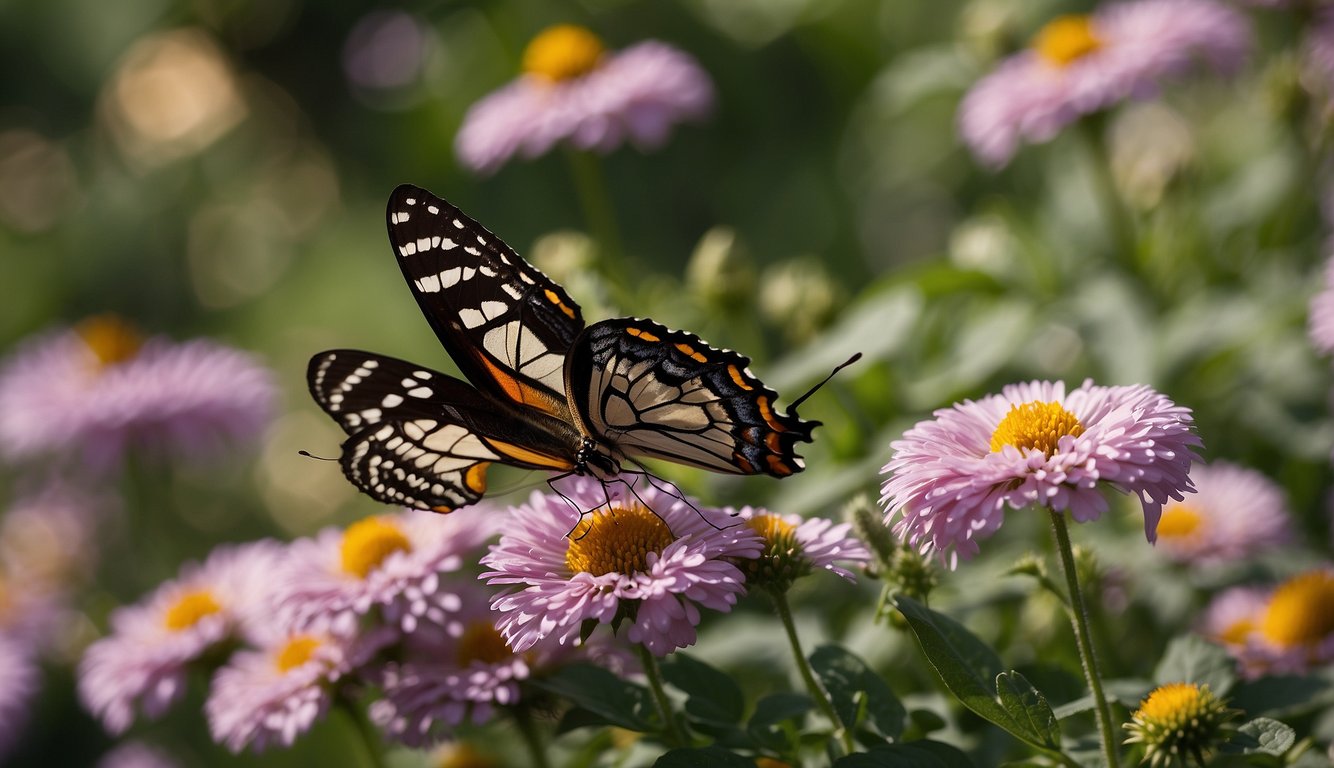 A butterfly blends into a patch of flowers, its wings mimicking the colors and patterns of the petals and leaves around it