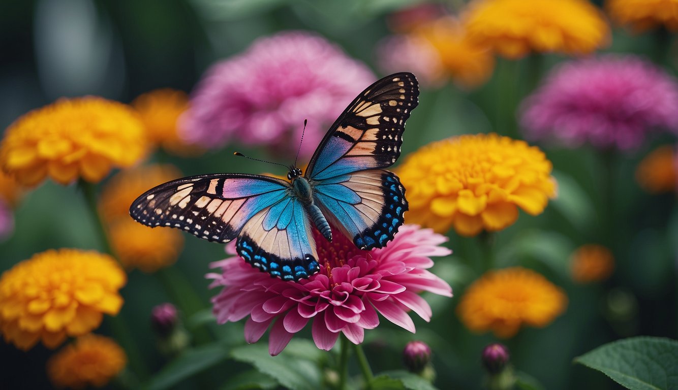A butterfly blends seamlessly into a background of vibrant flowers, its wings mimicking the colors and patterns of the petals