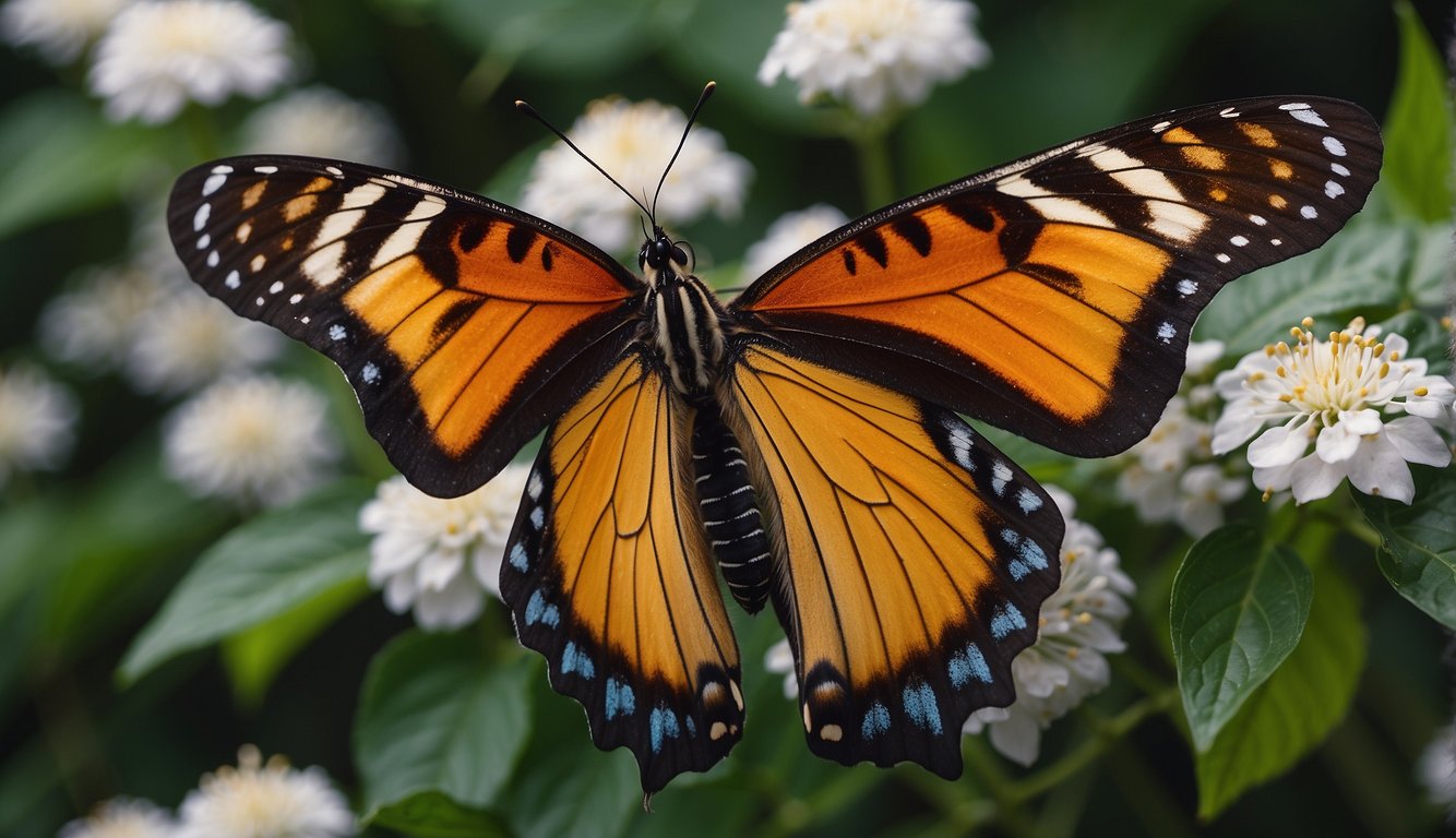 A butterfly blends into a background of leaves and flowers, its wings mimicking the colors and patterns of its surroundings