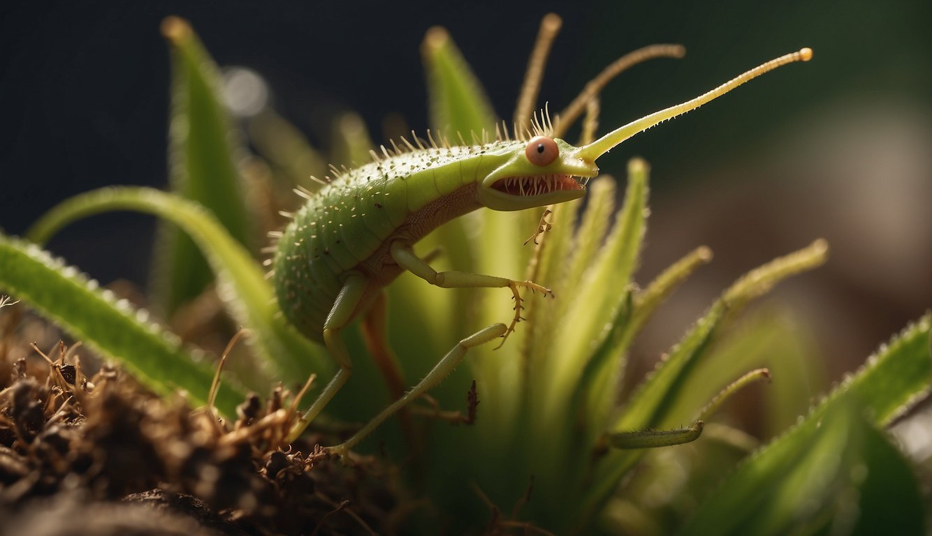 A Venus flytrap snaps shut on a hapless insect, its jagged teeth trapping the prey as it struggles to escape