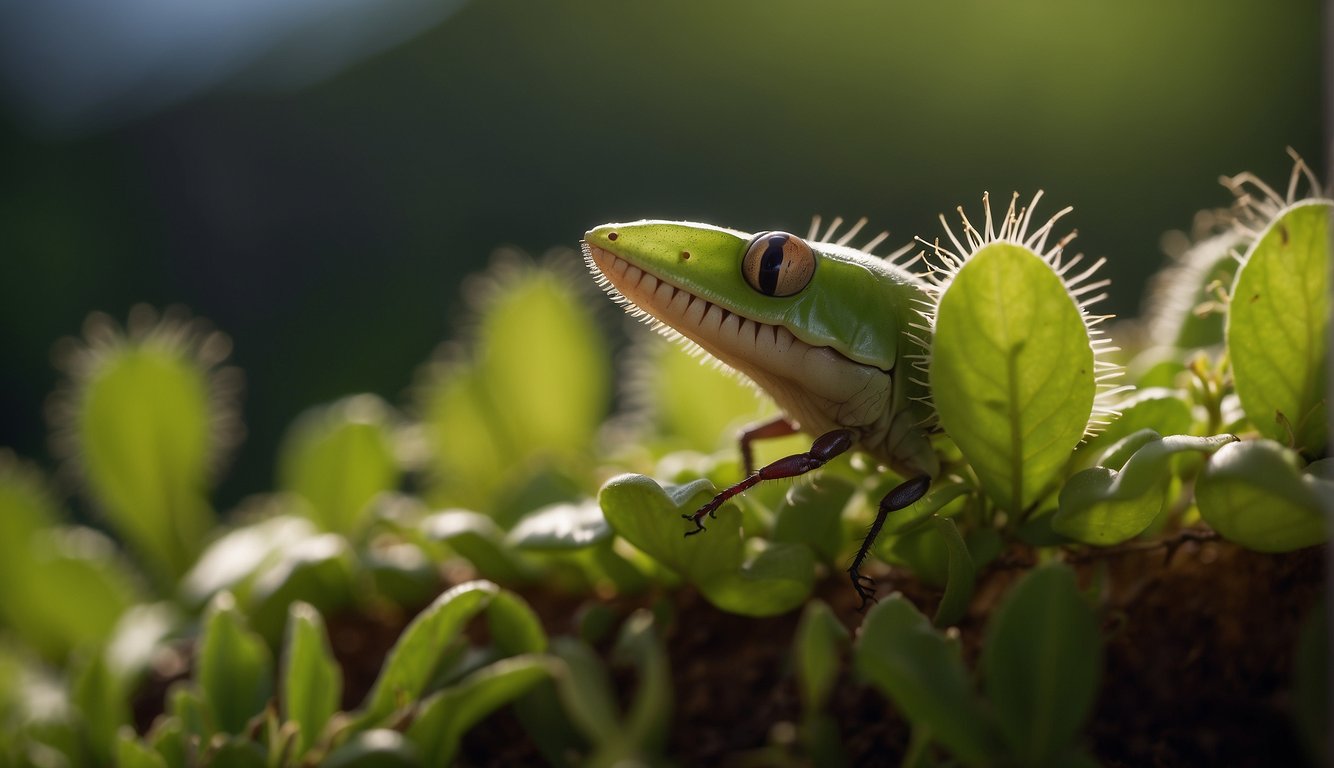 The Venus flytrap's open jaws await unsuspecting insects, lured by its sweet nectar.

A fly hovers above, drawn to the plant's deadly attraction
