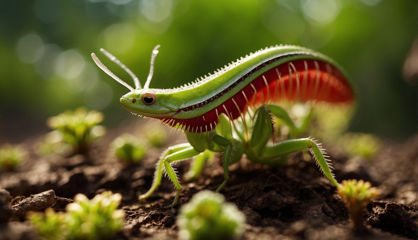 The Venus Flytrap lures insects with sweet nectar.

Once inside, the trap snaps shut, capturing the unsuspecting prey.

The scene is filled with a mix of beauty and danger as the flytrap awaits its next victim