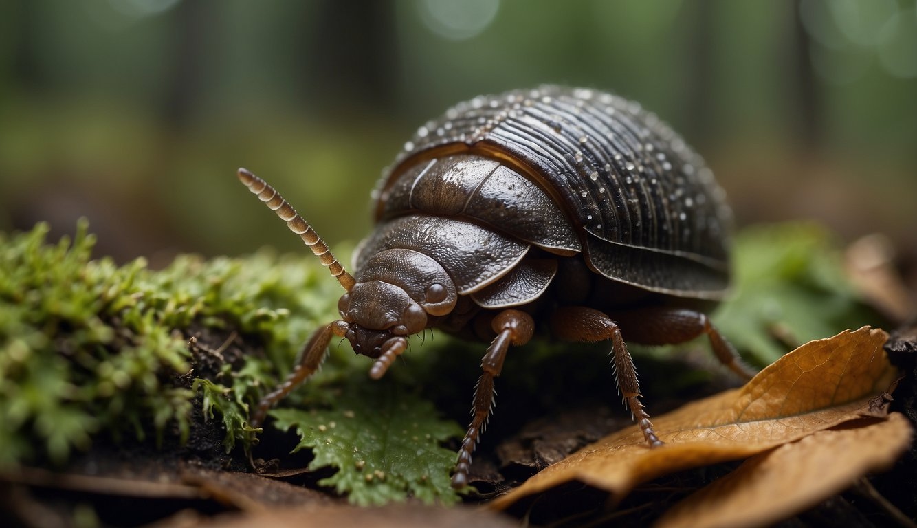 Pill bugs scuttle across a damp forest floor, munching on fallen leaves and twigs.

Their segmented bodies are covered in hard, grayish armor, and they curl into tight balls when startled