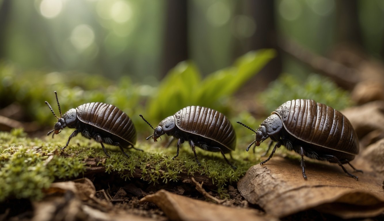 The pill bugs roam the forest floor, feasting on decaying leaves and wood.

They seek out moist, dark habitats under rocks and logs