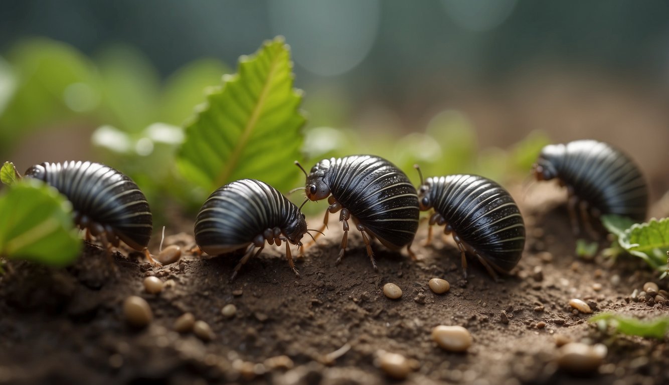 Pill bugs gather in a damp, decaying environment, feasting on organic matter.

They mate and lay eggs in the soil, where the young hatch and grow, shedding their exoskeletons as they develop into adults