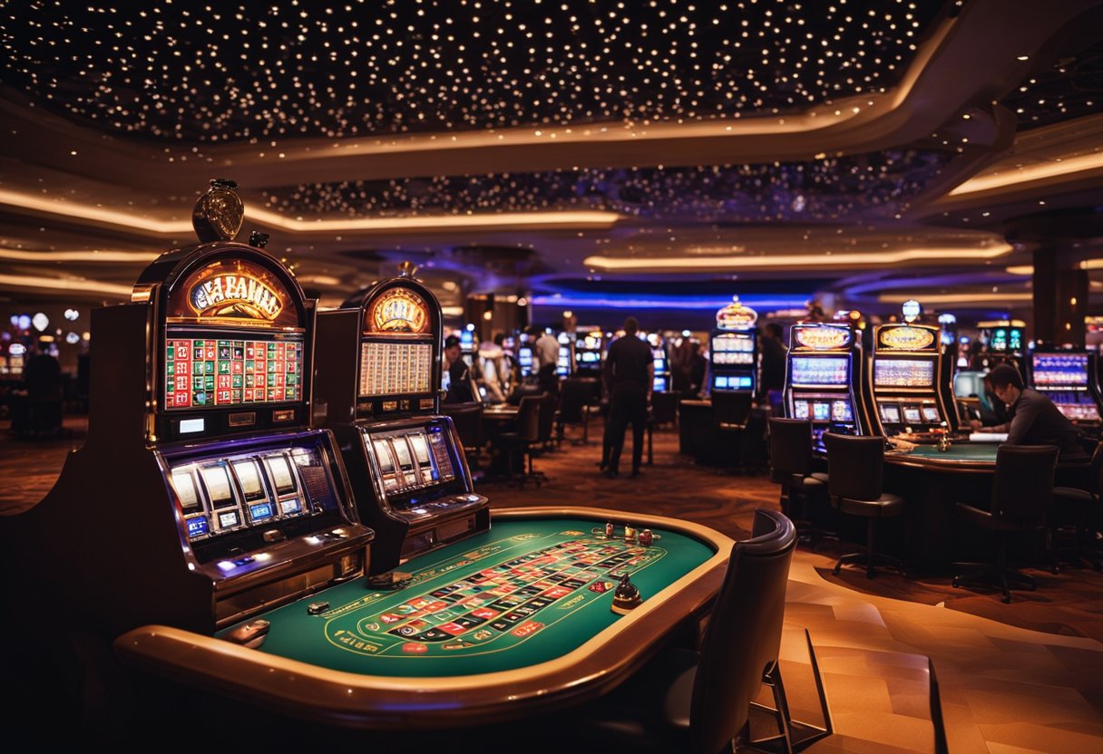 A bustling online casino with flashing lights, slot machines, and card tables. Players interact with the virtual interface, while a sleek and modern design creates an inviting atmosphere