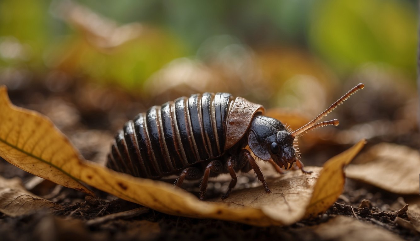 Pill bugs crawling among fallen leaves and twigs, feasting on decaying plant matter
