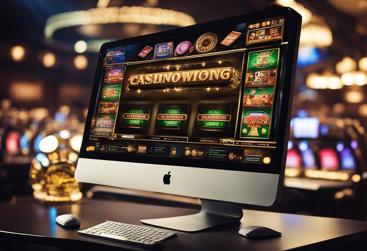 A computer screen with a casino website open, displaying various games and promotions. The background could include a stylish casino setting to add to the atmosphere