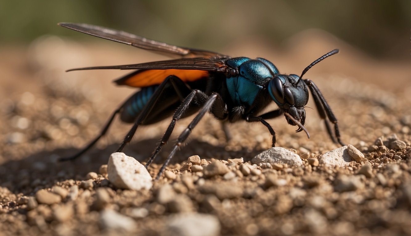 A tarantula hawk hovers over a burrow, ready to lay eggs on a paralyzed tarantula.

The scene is filled with tension and anticipation