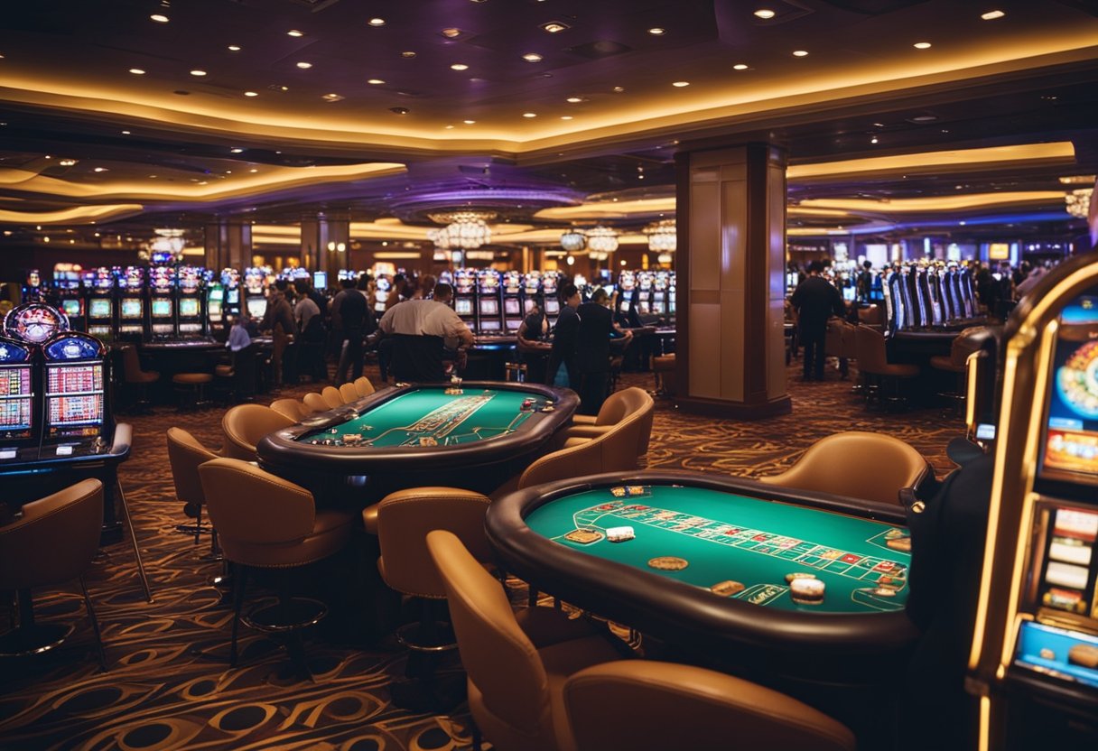 A bustling online casino with flashing lights, slot machines, and card tables filled with eager players. The atmosphere is electric with excitement and anticipation