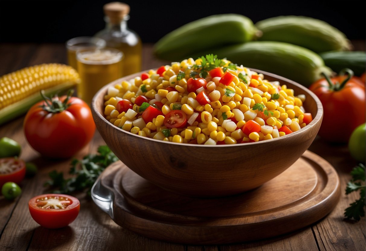 Fresh corn, tomatoes, peppers, and onions are being chopped and mixed with vinegar and seasonings in a wooden bowl, ready to be served as amish corn salsa
