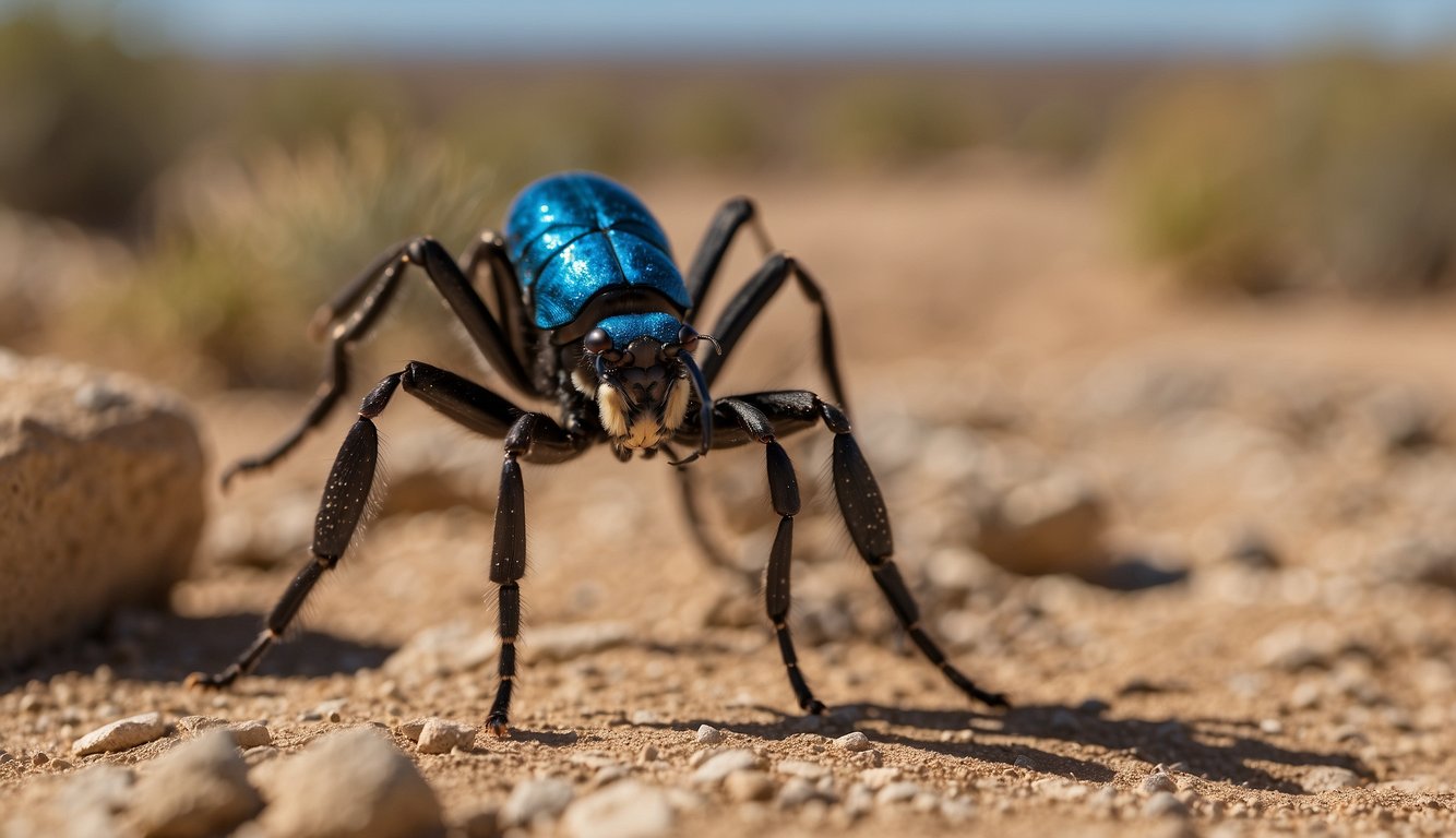 A tarantula hawk hovers over a desert landscape, its metallic blue wings glinting in the sunlight.

It approaches a burrow where a tarantula is hiding, ready to launch its attack