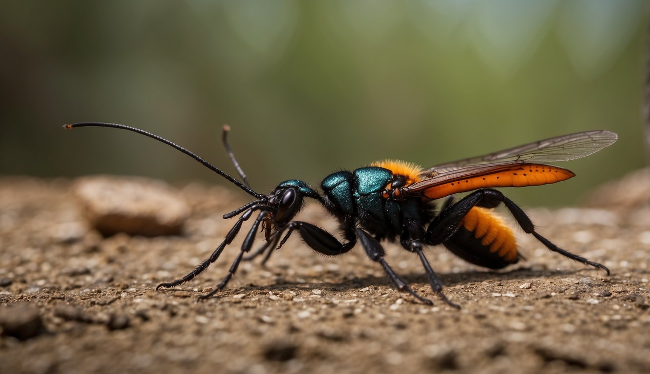 A tarantula hawk hovers over a spider, ready to strike with its painful sting.

The spider is frozen in fear as the predator prepares to attack