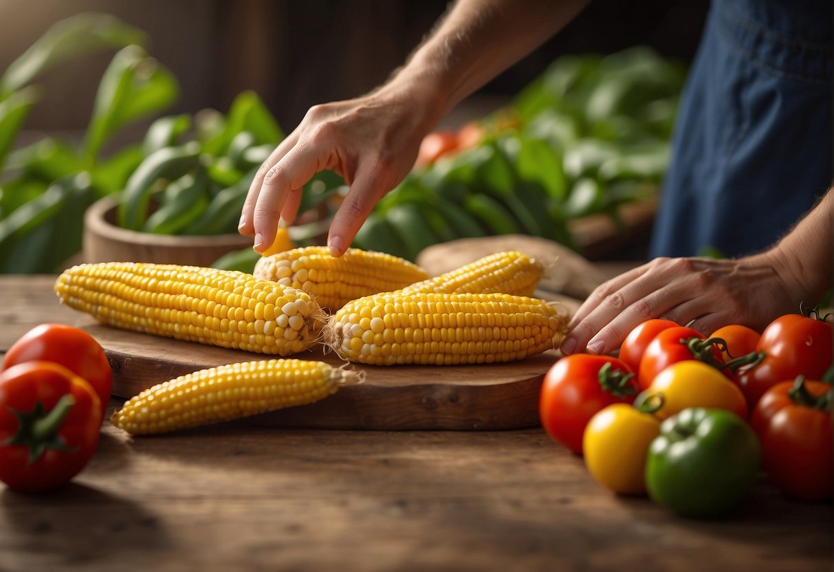 A hand reaches for fresh corn, tomatoes, and peppers on a wooden table, ready to create a vibrant amish corn salsa