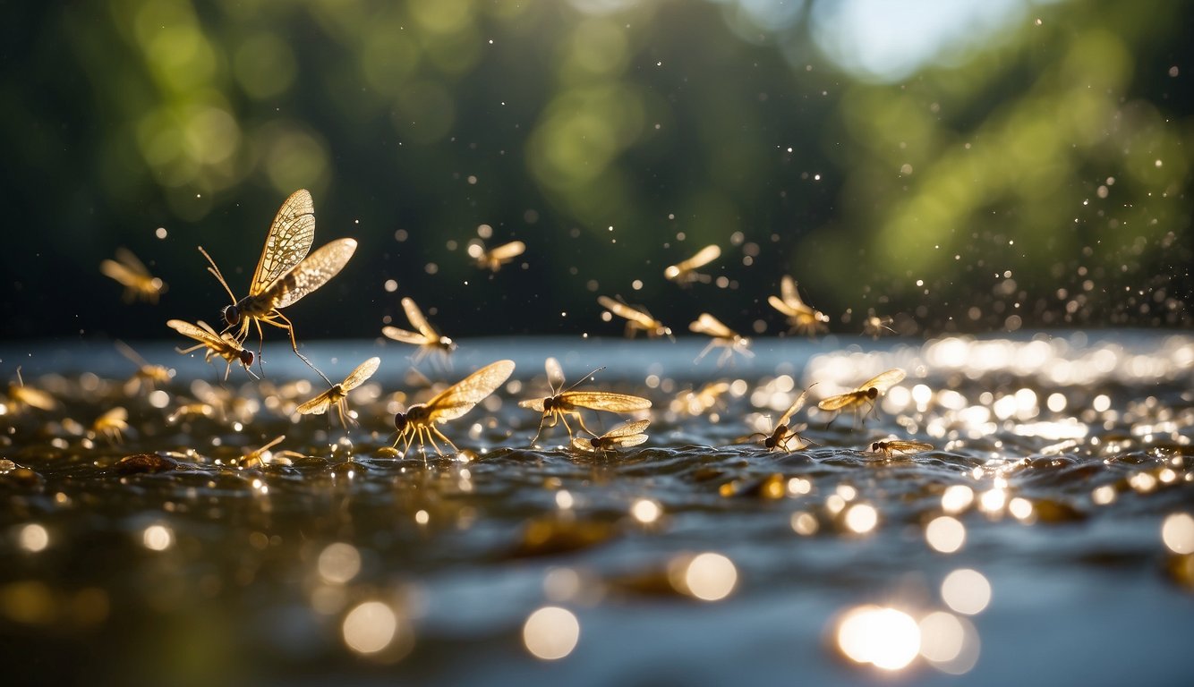 Mayflies swarm over a sunlit river, their delicate wings shimmering in the light.

They dance and flit above the water, their brief lives a dazzling display of beauty