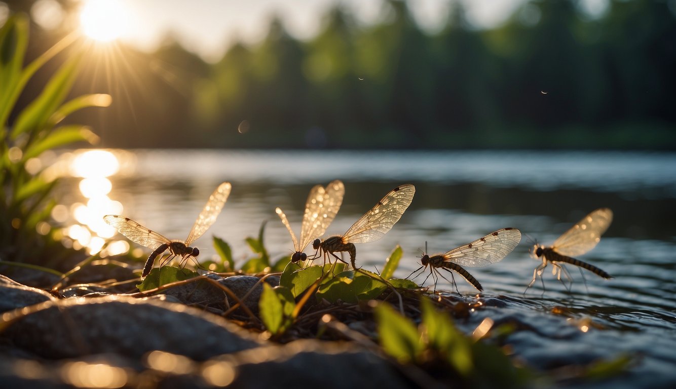 A serene riverbank at dusk, with delicate mayflies dancing in the warm glow of the setting sun, their translucent wings shimmering in the fading light