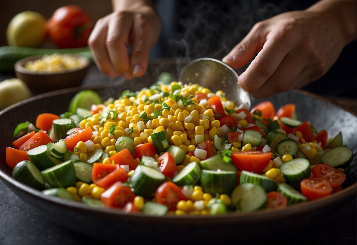 Fresh vegetables being chopped and mixed in a bowl with seasonings for amish corn salsa