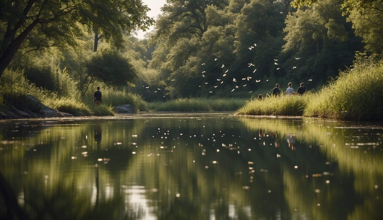 A serene riverbank with lush vegetation, mayflies hovering above the water, and scientists observing and documenting their behavior