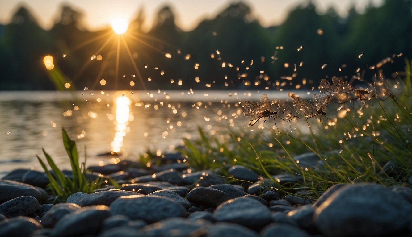 A serene riverbank at dusk, mayflies swarm in a mesmerizing dance, their delicate wings catching the fading light