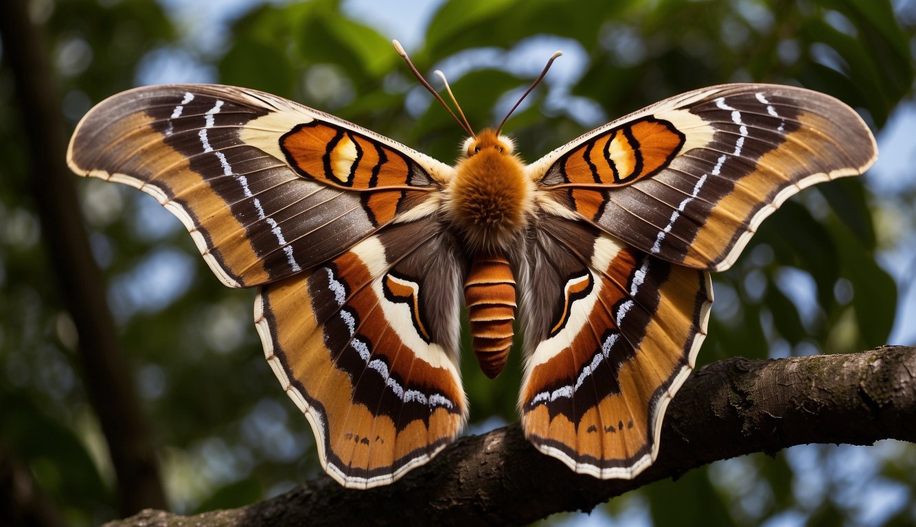 An Atlas moth rests on a tree branch, its wings spread wide to reveal intricate patterns and vibrant colors.

The moth's large size dominates the frame, showcasing its impressive wingspan