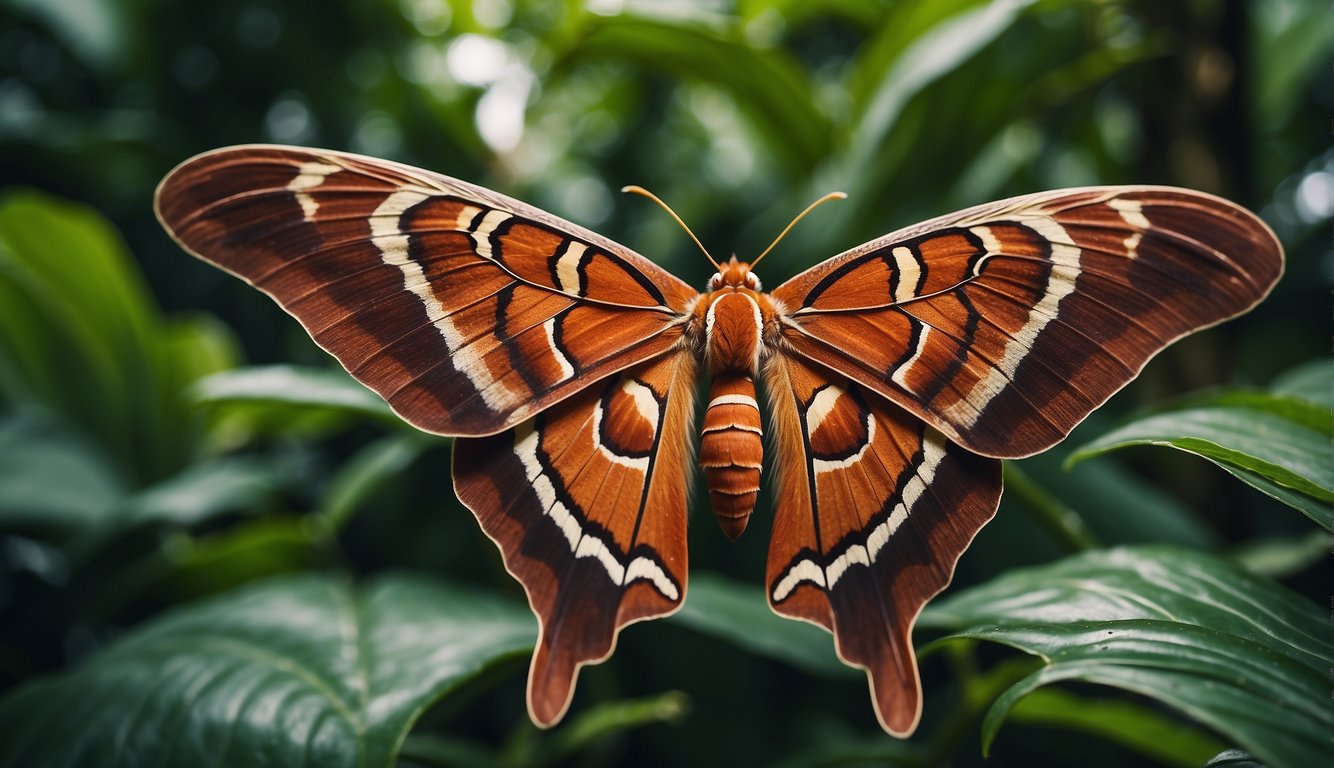 The Atlas Moth rests on a lush, tropical plant, its wings spanning wide, blending into the vibrant green surroundings.

The delicate patterns and textures of the moth's wings contrast against the natural backdrop, showcasing the intricate relationship between the insect and its environment