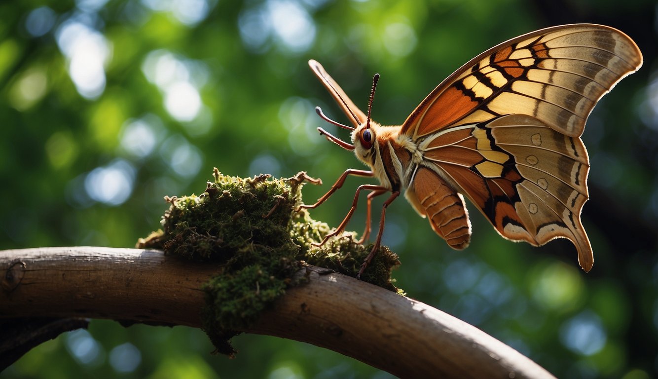 The Atlas Moth rests on a branch, wings spread wide.

A scientist observes with a magnifying glass