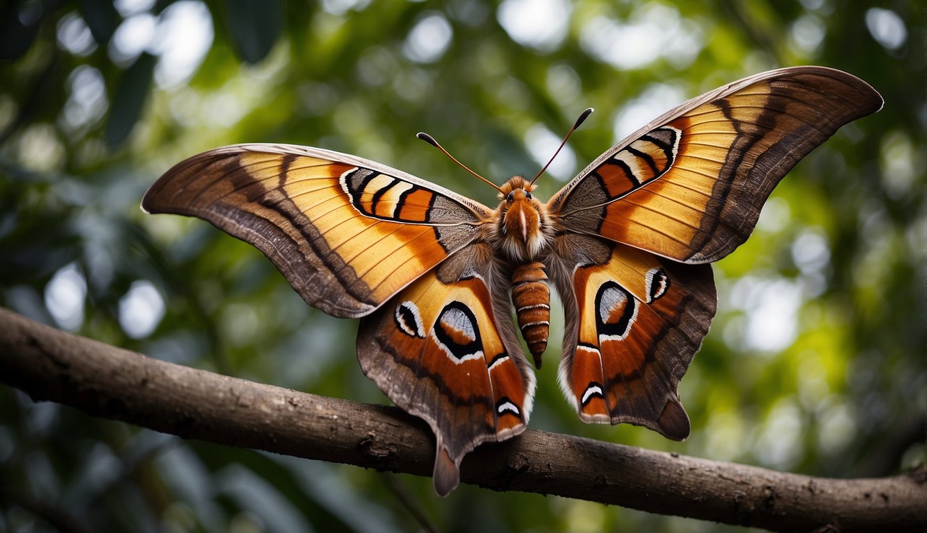 An Atlas Moth rests on a tree branch, its wings spread wide to display intricate patterns.

A small sign nearby outlines regulations for encountering and observing the majestic insect