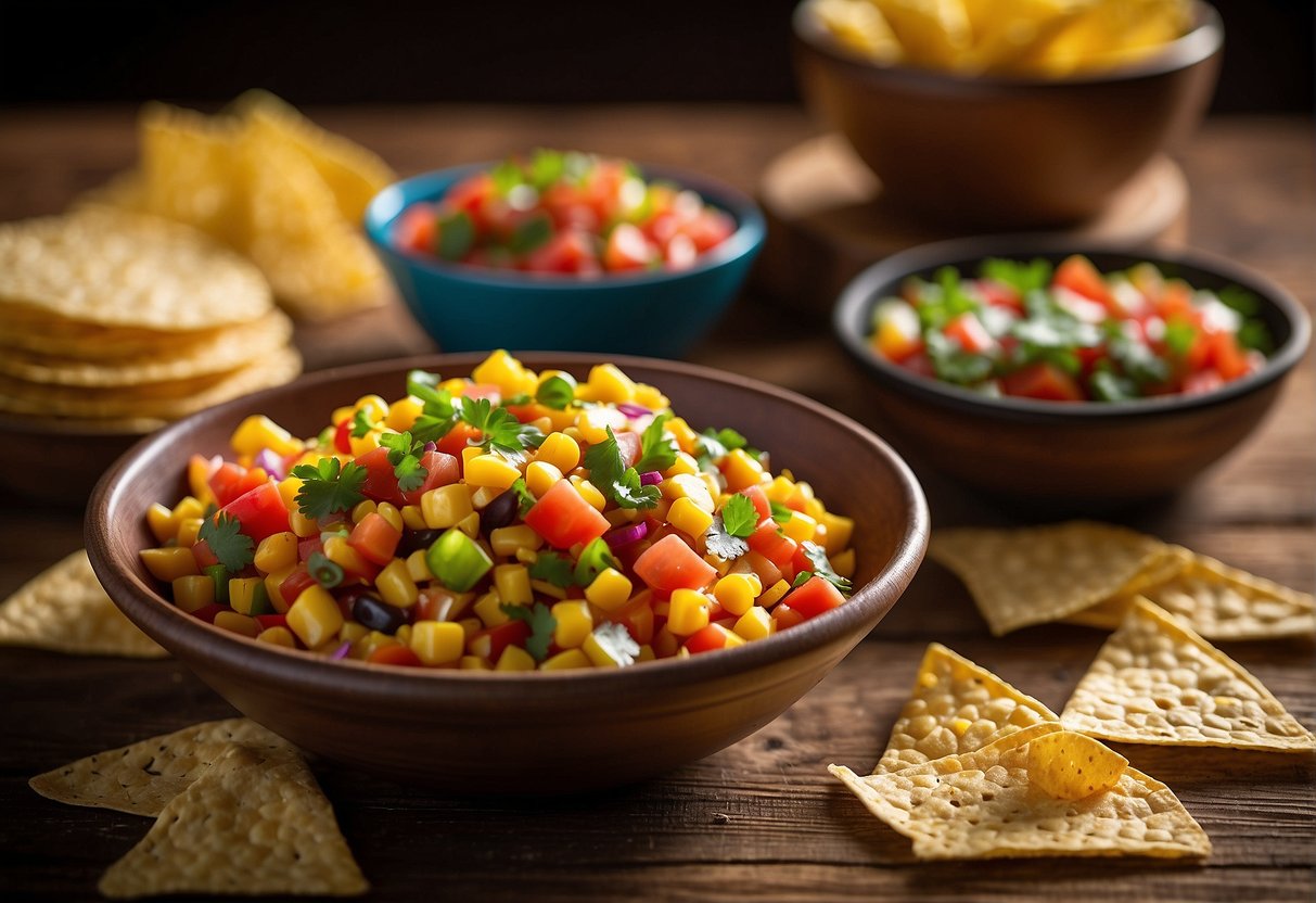 A bowl of vibrant amish corn salsa surrounded by colorful tortilla chips on a wooden serving platter