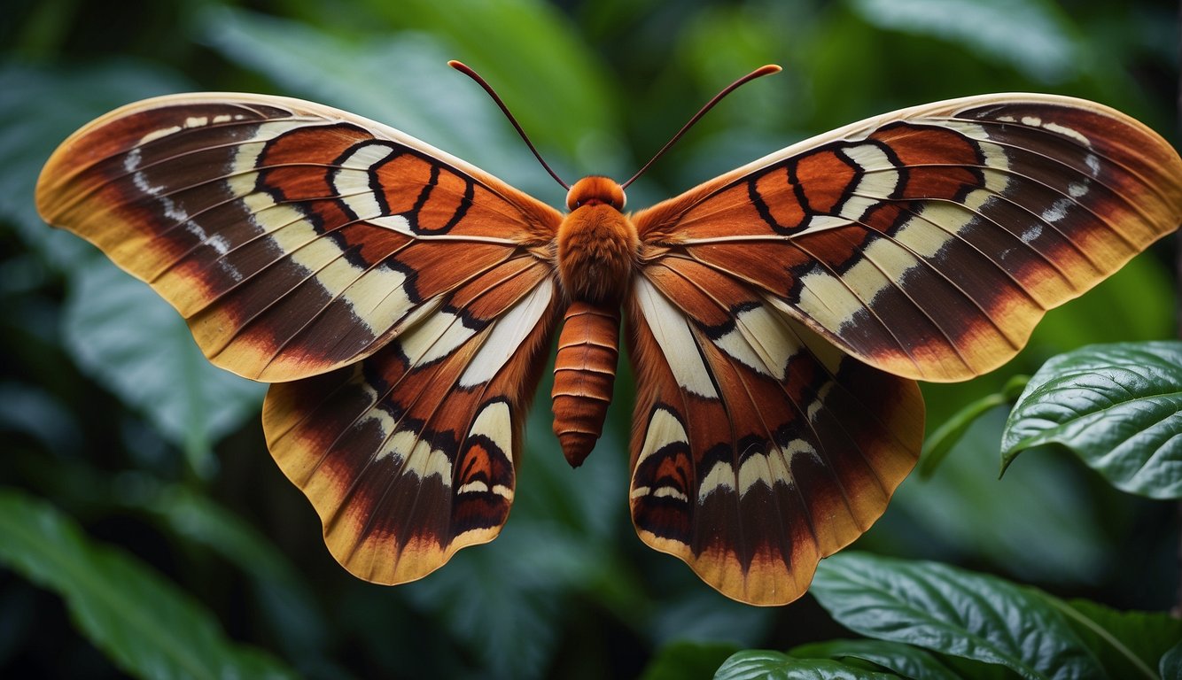 The Atlas Moth rests on a large leaf, its wings spread wide to display intricate patterns and vibrant colors.

The moth's impressive size and delicate features are highlighted against a lush, tropical backdrop