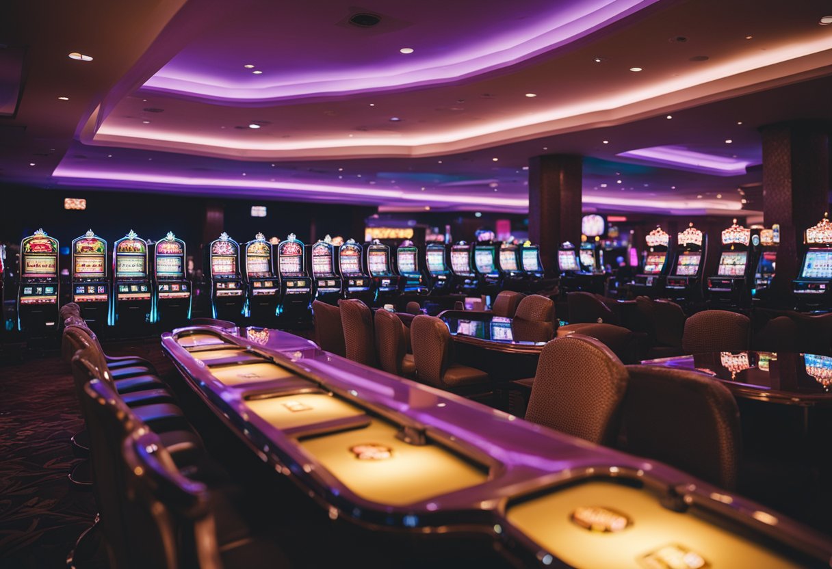 A neon-lit casino with Neosurf logos, slot machines, and card tables buzzing with activity