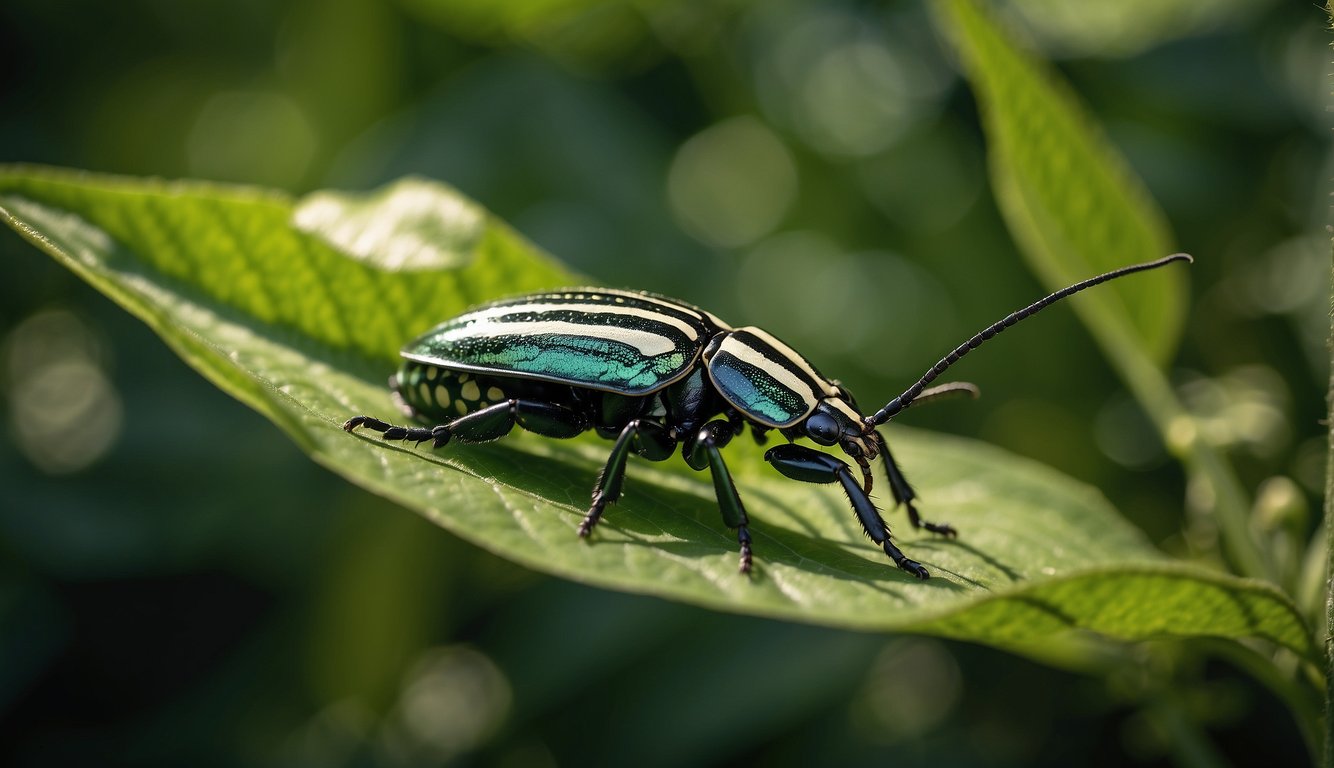 A Goliath beetle perches on a lush green leaf, its iridescent exoskeleton shimmering in the sunlight.

The beetle's massive size and intricate patterns make it a true giant of the insect world