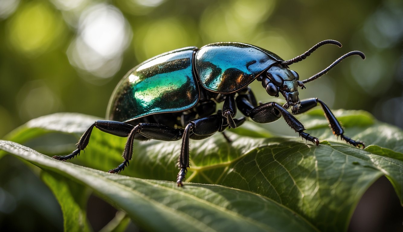 A Goliath beetle perches on a lush, tropical leaf, its iridescent exoskeleton reflecting the dappled sunlight.

The massive insect exudes power and majesty, dominating its surroundings with its impressive size and presence