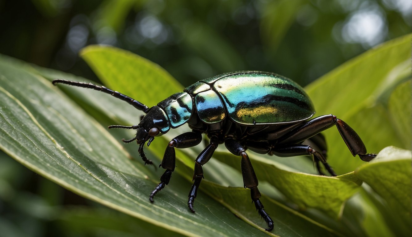 A Goliath beetle perches on a lush, tropical leaf, its iridescent exoskeleton catching the sunlight.

Nearby, a scientist observes with fascination