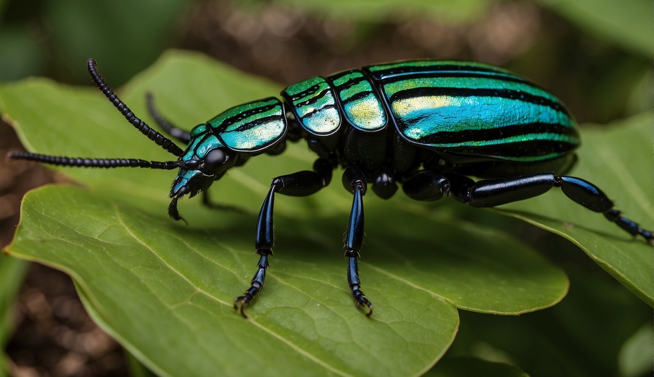 A Goliath beetle perched on a vibrant green leaf, showcasing its massive size and intricate patterns.

The beetle's iridescent exoskeleton shimmers in the sunlight, emphasizing its majestic presence in the insect world
