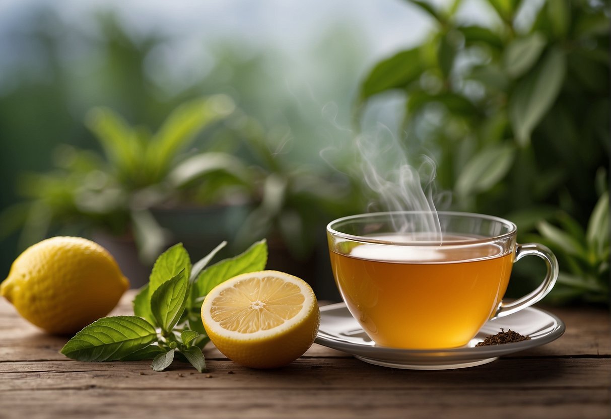 A steaming cup of herbal tea with a slice of lemon and a sprinkle of stevia, set against a backdrop of greenery and fresh produce