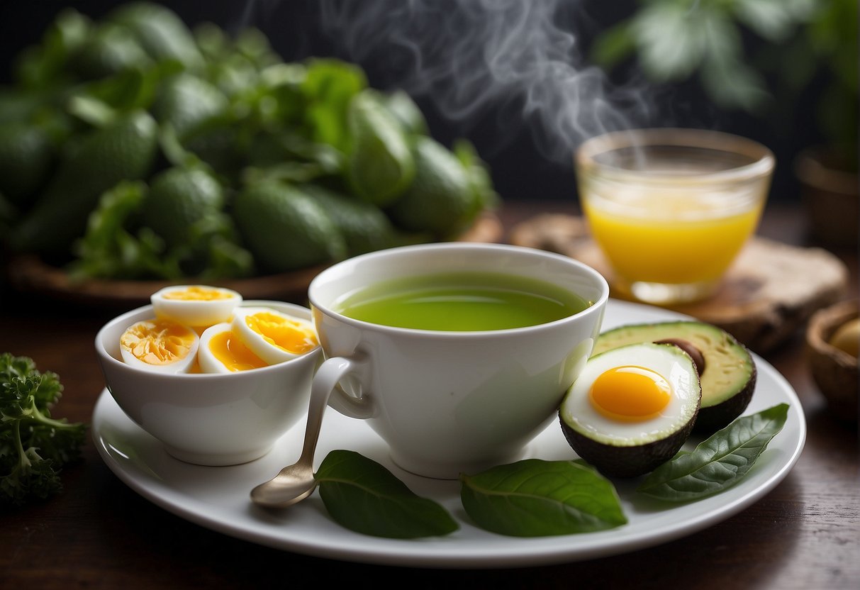 A steaming cup of green tea sits next to a plate of avocado and eggs, all surrounded by low-carb vegetables