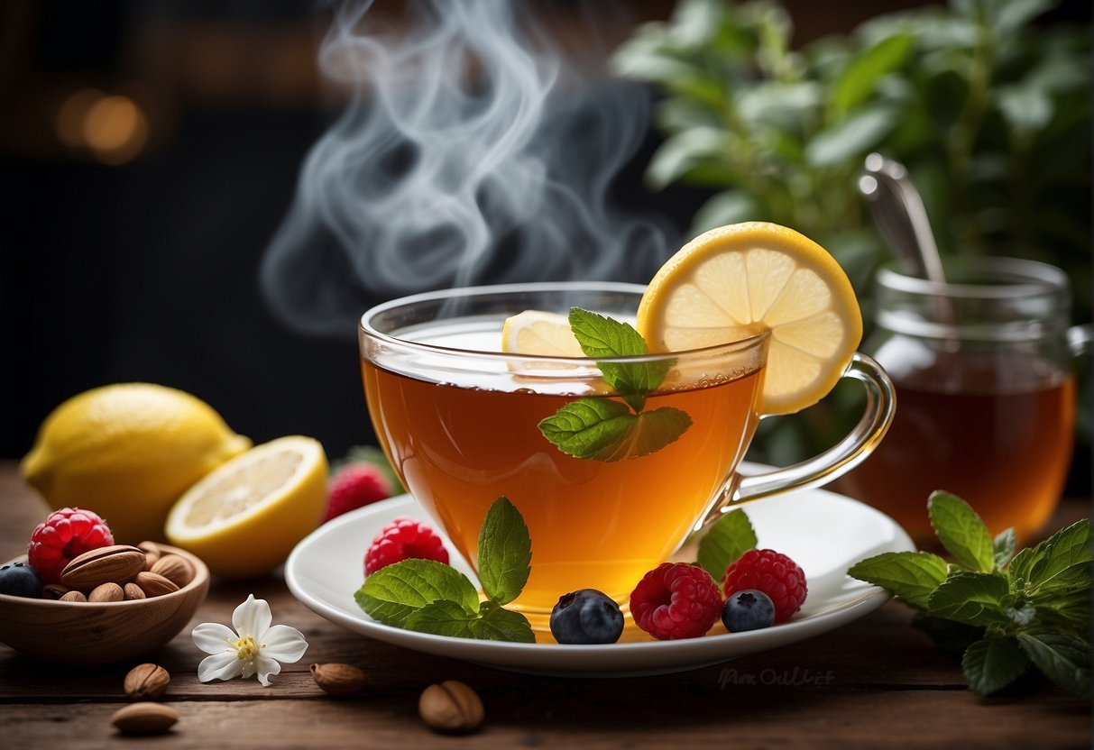 A steaming cup of herbal tea with a slice of lemon and a sprig of mint, surrounded by fresh ingredients like berries and nuts