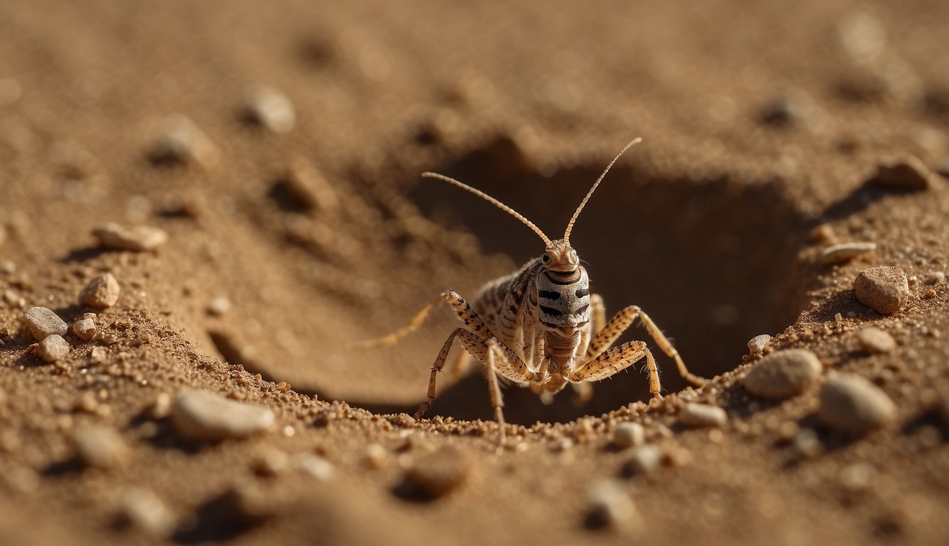 An antlion waits at the bottom of a conical pit, hidden in the sand.

A small insect ventures too close and slips, triggering a sudden collapse as the antlion strikes with precision