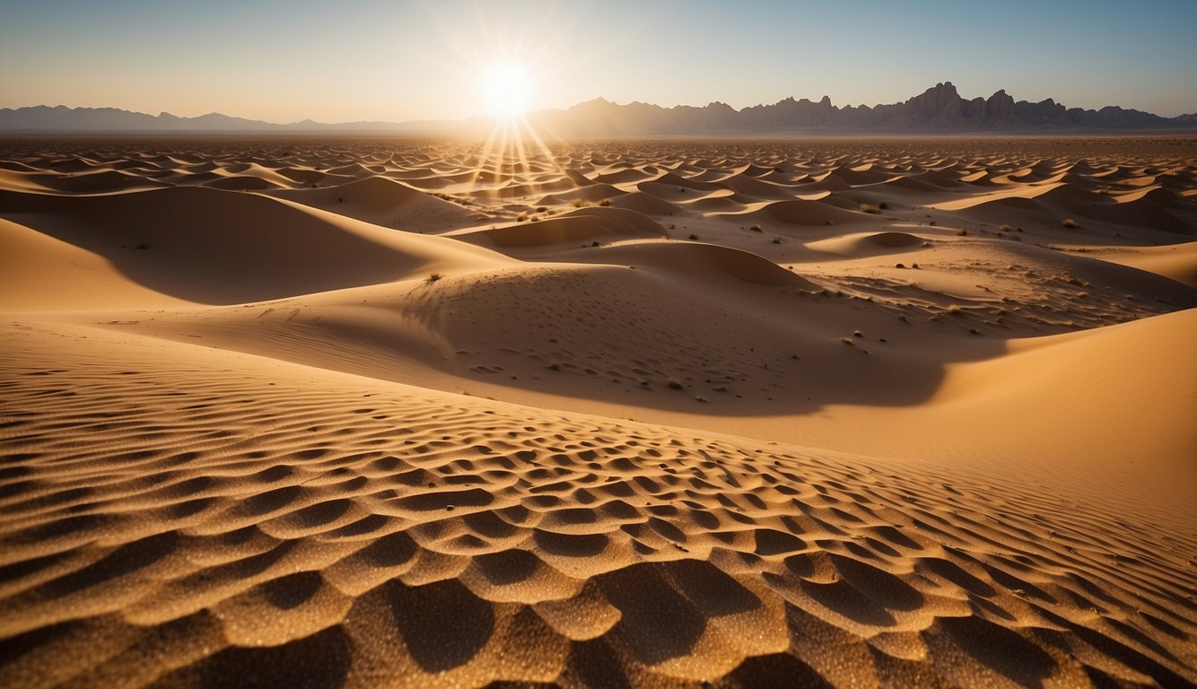 A desert landscape with sandy dunes and scattered antlion pits.

Sunlight casts long shadows across the intricate trap structures