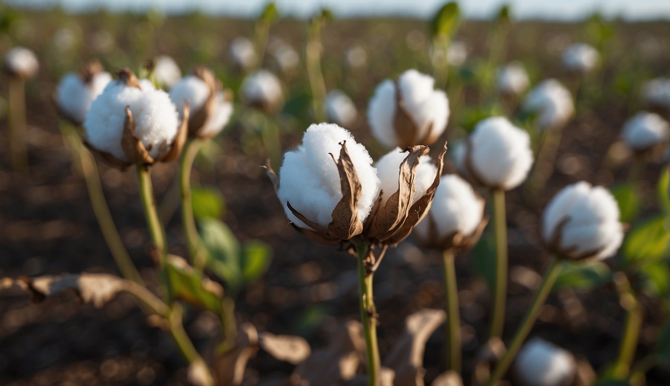 A field of cotton plants devastated by boll weevils, with wilted leaves and damaged cotton bolls