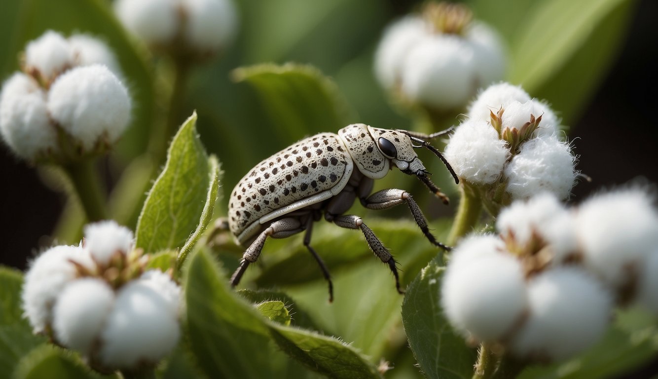 The Boll Weevil crawls along a cotton plant, feeding on the leaves and buds.

Its distinctive snout and small, round body are highlighted against the green foliage