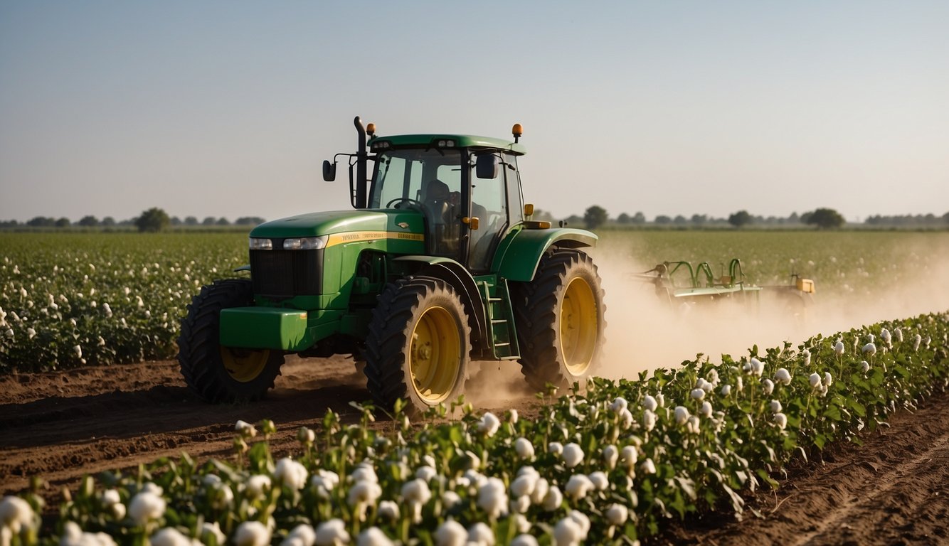 Farmers spraying pesticides on cotton fields infested with boll weevils.

Tractors plow up infested crops for disposal