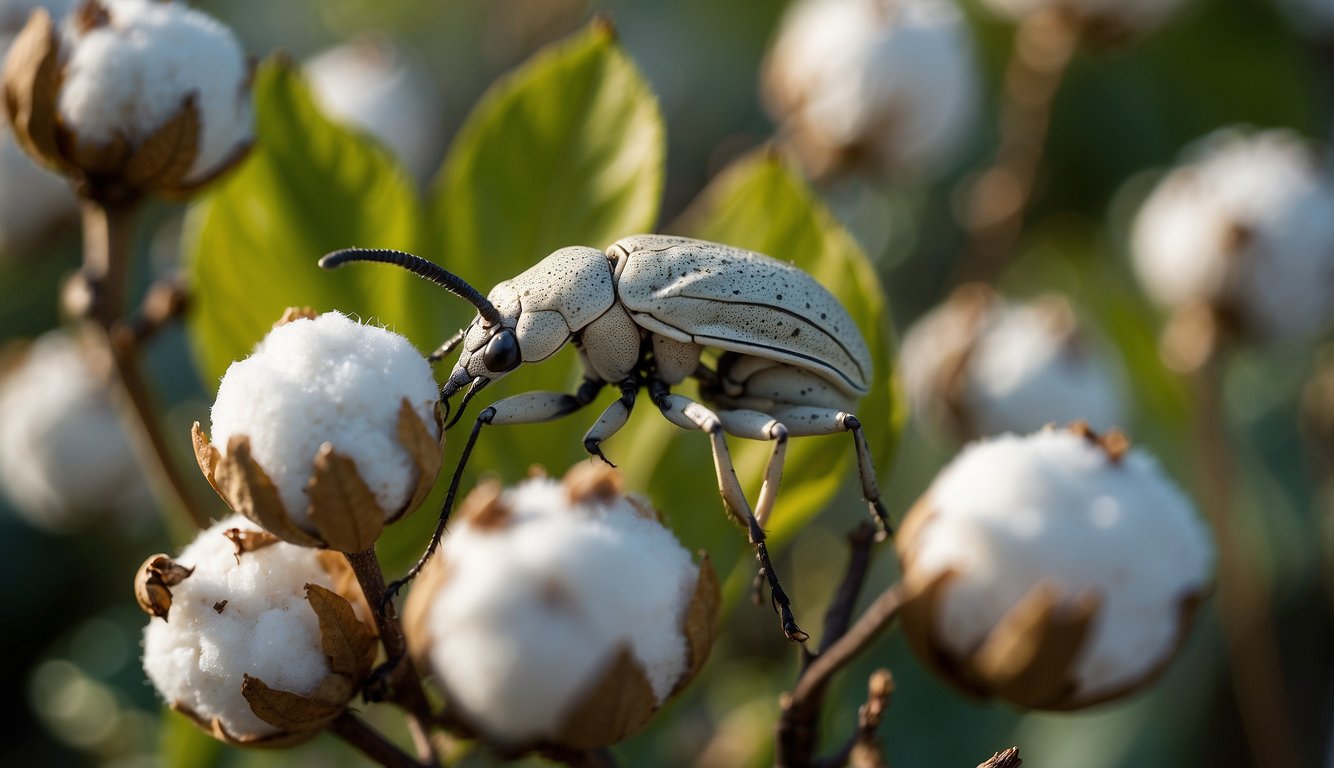 A boll weevil perched on a cotton plant, surrounded by damaged cotton bolls and wilted leaves.

The pest's presence signifies the impact on agriculture