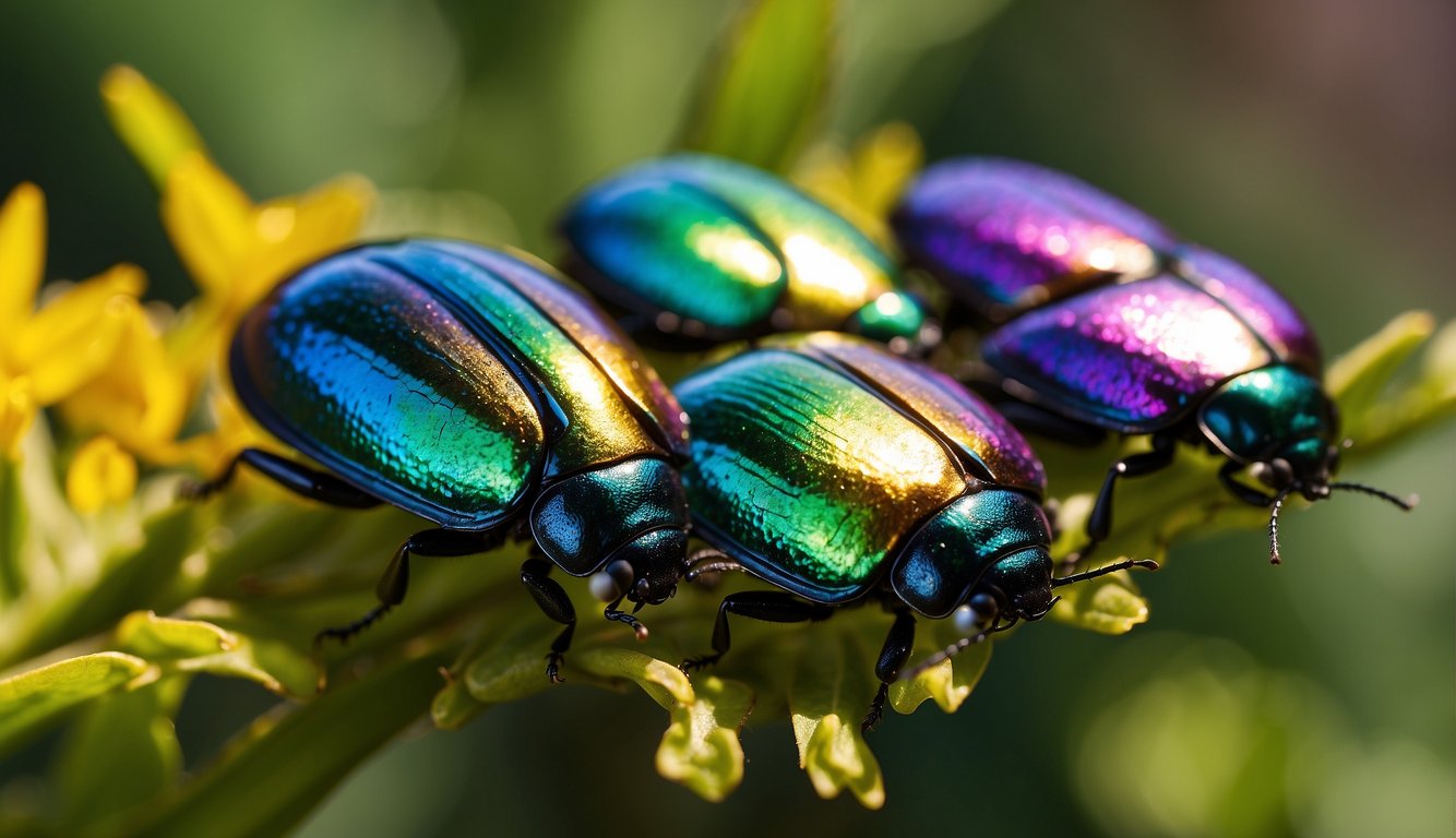Jewel beetles shimmer in the sunlight, their iridescent exoskeletons reflecting a rainbow of colors as they flit among the leaves and flowers