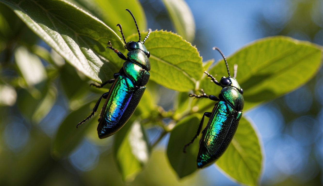 Jewel beetles shimmer in the dappled sunlight, their iridescent bodies reflecting a myriad of colors as they flit among the lush foliage