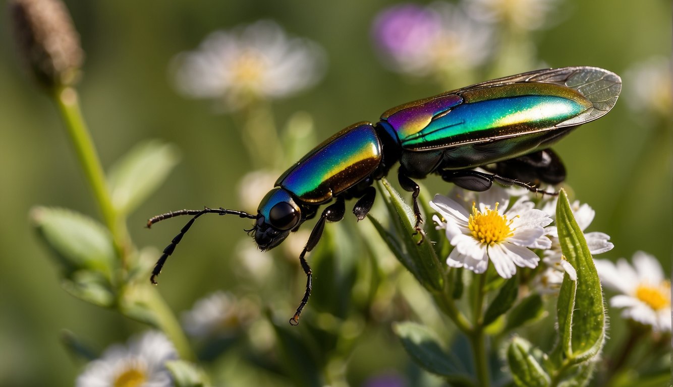 Jewel beetles shimmer in the sunlight, their iridescent wings reflecting a rainbow of colors as they flutter among the wildflowers