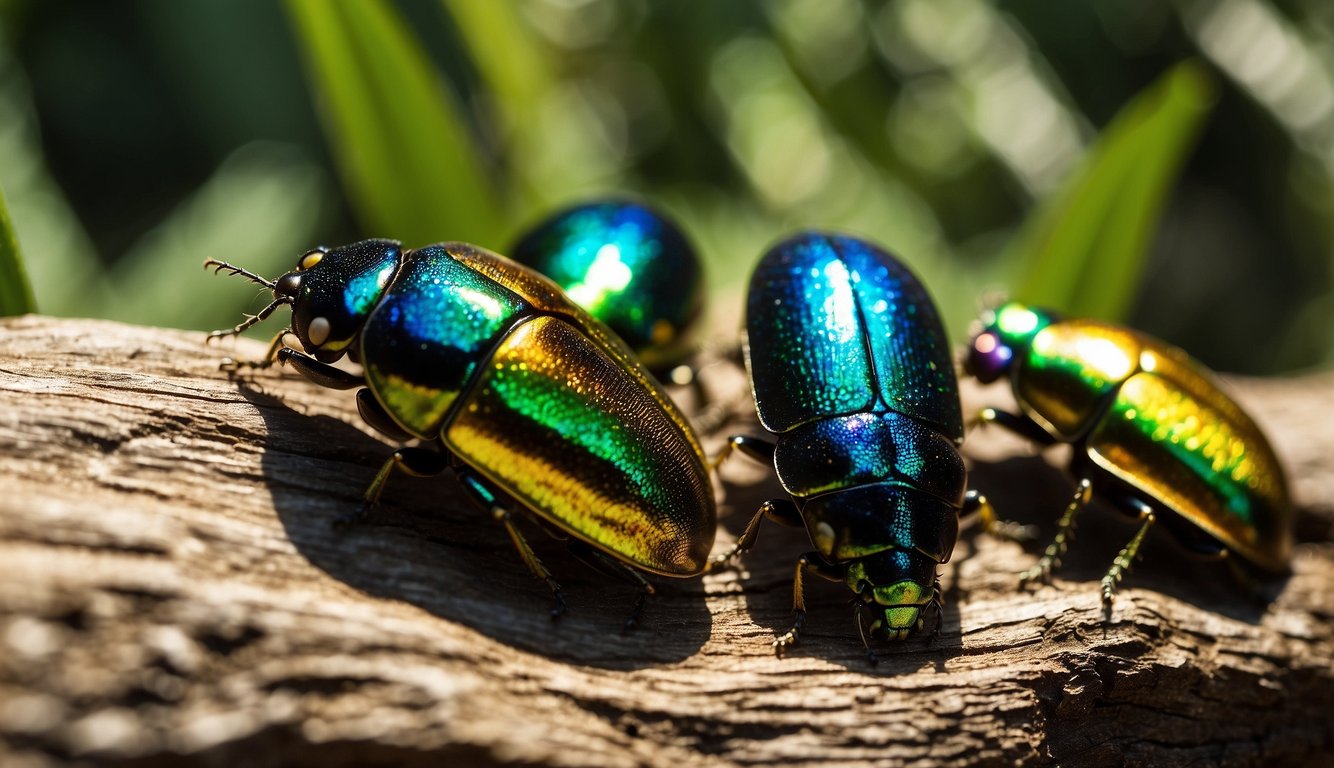 Jewel beetles shimmer in the sunlight, their iridescent shells catching the eye.

They crawl along branches, their metallic colors glinting in the dappled light